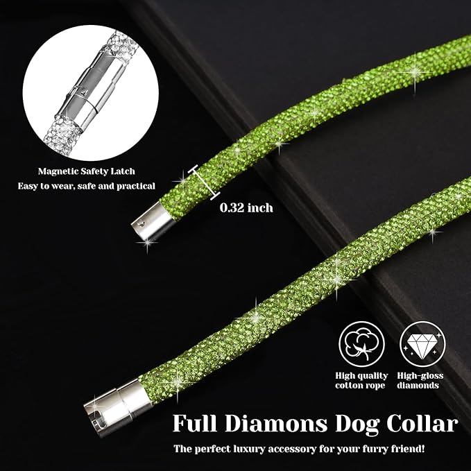 Stylish and Luxurious Diamond Dog Collar,Magnetically Absorbent Clasp,Full Diamond Design,Perfect for Wedding and Everyday Walking - Green Diamons Necklace Collar for Medium Dogs,18''