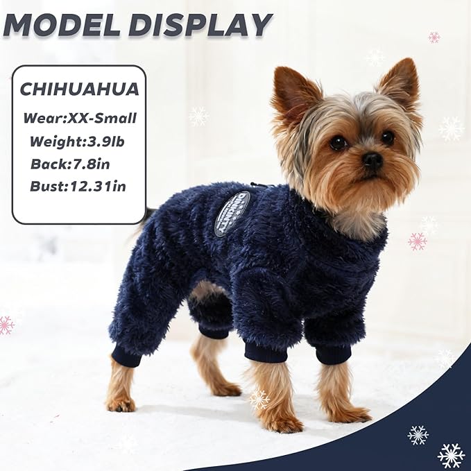 Fleece Dog Pajamas Winter Warm Dog Sweater for Small Dogs Thermal Soft Puppy Pjs Coat Stretchy Jumpsuit Doggie Pet Clothes Outfits Cat Apparel (Navy Blue, Medium)