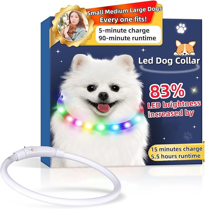 Led Dog Collar【LED Brightness Increased by 83%】 OGURIYA USB-C Rechargeable Dog Necklace Light, Pet Safety Collar Makes Your Beloved Dogs Be Seen at Night for Small Medium Dogs 13.78in Length(35CM)