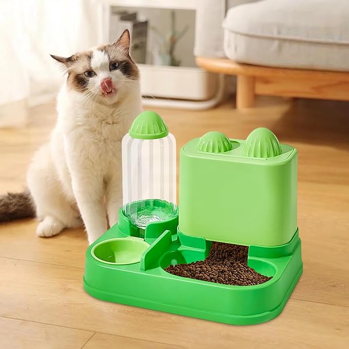 Mangeoirs Et Abreuvoirs Pour Chats, 2 in 1 Bee/Cactus Pets Water and Food Bowl Set, Gamelle Chat, Large Capacity Automatic Cat Feeders Gravity Food Feeder and Waterer Set for Dogs Cats (Green)