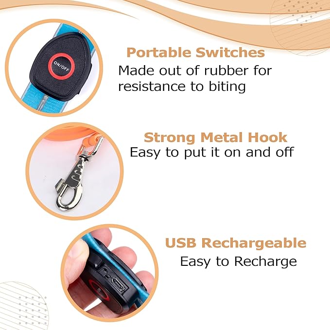 Safety Led Dog Leash for Night Walking - Glow in The Dark - Water Resistant Nylon Webbing - Lightweight and Heavy Duty - USB Rechargeable - RGB Color Changing - Suitable for All Dogs (Orange)