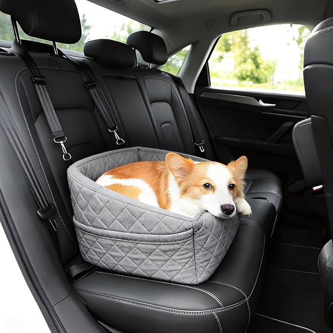 Suitable for Most Vehicles Dog Booster Car Seat for Small Dogs Up to 25-35 Lbs, Fully Detachable & Machine Washable Cover, Adjustable Safety Straps & Leash, Non-Slip Bottom with Storage Pockets（Grey）