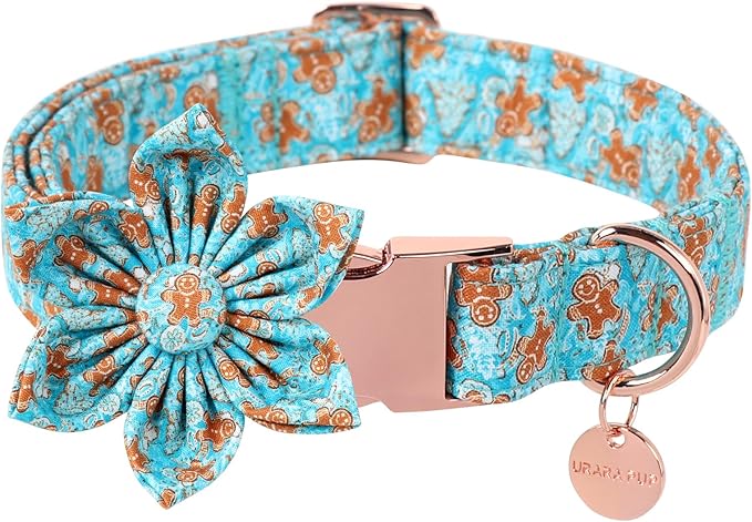 Christmas Dog Collar with Flower,Adjustable Gingerbread Pet Collar,Chriatmas Puppy Flower Collar for Small Medium Large Dogs,M,Neck 13.5-22in