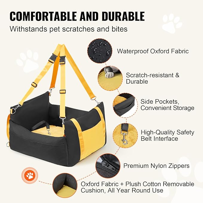 Happybuy Dog Car Seat, Waterproof Dog Booster Seat for Car with Side Handles and A Storage Pocket, Clip-On Safety Leash and PP Cotton Filling, Dog Car Bed for Small Dog up to 25lbs, Black
