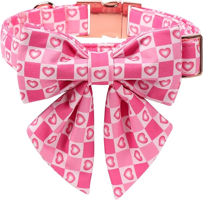 Maca Bates Valentine's Day Dog Collar with Sailor Bow for Extra Small Girl Boy Dogs,Checkered Pink Love Hearts Pattern,Adjustable Durable Soft Plaid Valentine Gift for Female Male Puppy