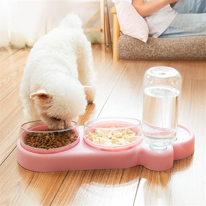 Automatic Pet Water and Food Feeder for Dogs Cats, Dual Bowls with Detachable Stainless Steel, No-Spill Design