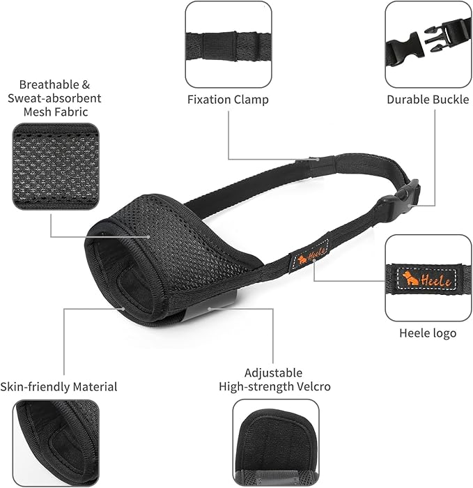 HEELE Dog Muzzle,Soft Nylon Muzzle Anti Biting Barking Chewing,Air Mesh Breathable Drinkable Adjustable Loop Pets Muzzle for Small Medium Large Dogs 4 Colors 4 Sizes (Black, XXL)