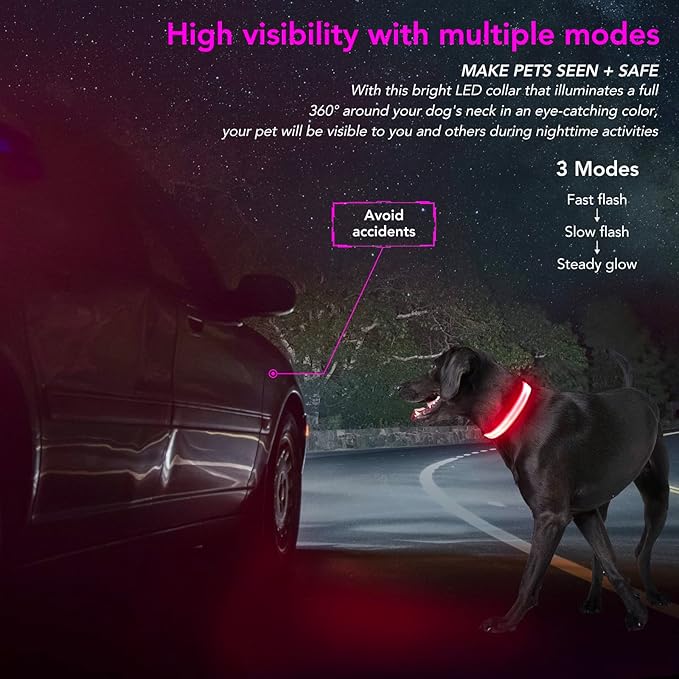 Light Up Dog Collar at Night, Led Dog Collar Adjustable, Rechargeable Waterproof, Dog Lights for Night Walking, Glow in The Dark Collar Light for Medium Large Dogs