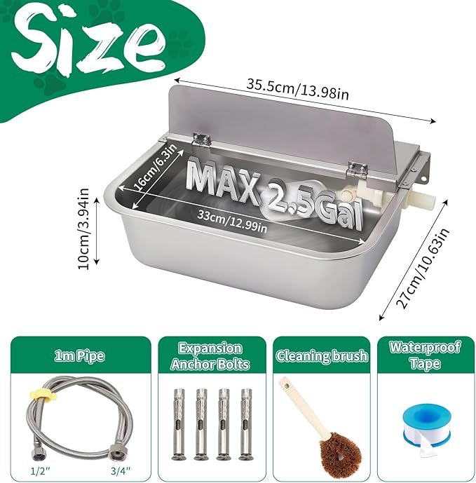 2.5 Gal Automatic Water Dispenser for Dogs, Indoor&Outdoor Self Filling Dog Waterer Feeder Large Stainless Steel Water Bowl Dispenser for Livestock and Chicken,Fit 3/4'' GHT Faucet
