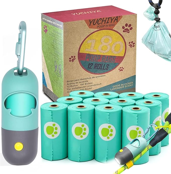 Dog Waste Bags Holder with LED Flashlight Doggie Poop Bags Dispenser with 13 Rolls Blue Leak-Proof Pet Trash Bags and Dog Walking Accessories (Crystal Blue)