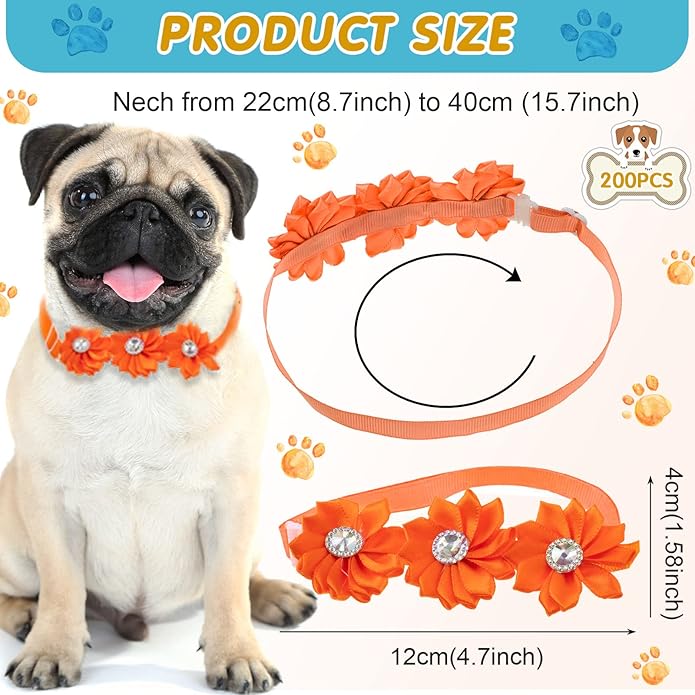 Yunsailing 200 Pieces Dog Bow Ties Collar Adjustable Flower Diamond Crystal Dog Cat Bowties Grooming Accessories for Small Medium Pet Puppy Girl Kitten Wedding Birthday Party