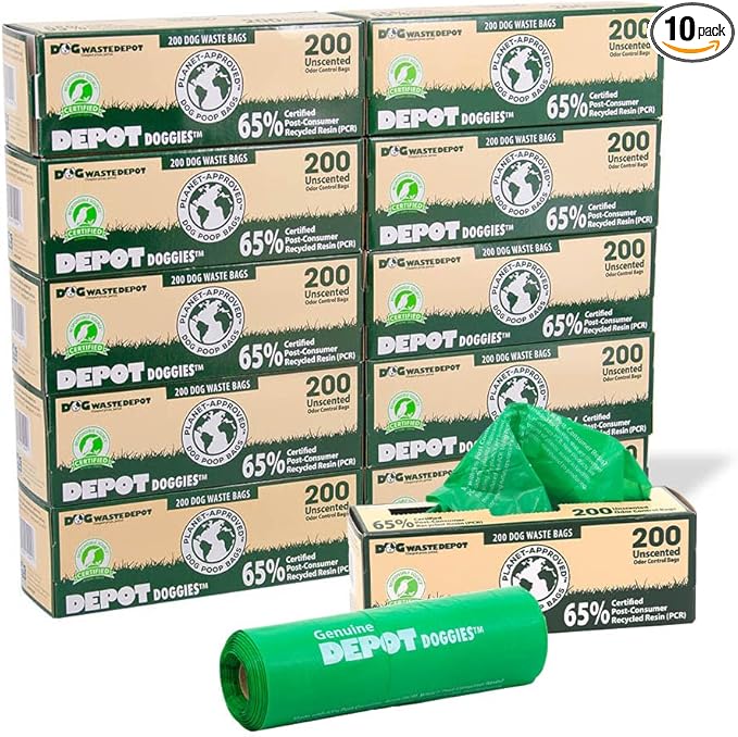Dog Waste Depot® Depot Doggies™ - Green - Unscented - 65% (PCR) Post Consumer Recycled Dog Waste Roll Bags - 50% thicker than competitor, fits the House dispenser (10 Rolls = 2000 bags)