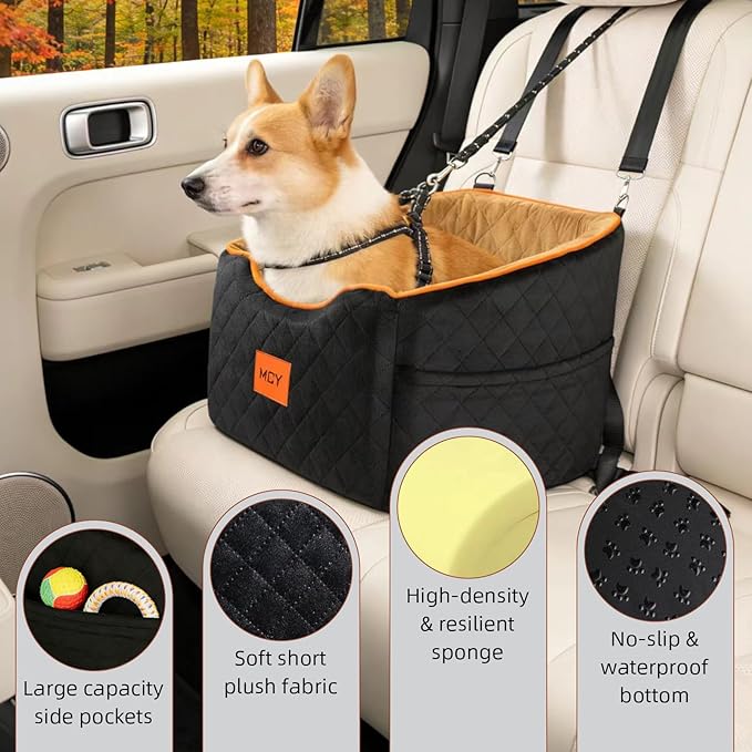MCY Dog Car Seat for Small Dogs, Elevated Pet Car Seat, Travel Safety Pet Seat for Dogs up to 35 lbs, Memory Foam Booster Dog Seat with Washable Removable Cover, Storage Pockets, Black (Black-Brown)