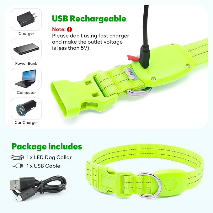 LED Lighted Reflective Dog Collar for Night Safety, USB Rechargeable, Glow Collar for Dogs, Waterproof Adjustable Flashing (Green, Large)