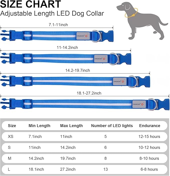 CHUKCHI LED Dog Collar Rechargeable,Waterproof Flashing Collar,Light Up Glow Collar, Adjustable Soft Safety Light Up for Small Medium Large Dogs Walking Camping at Night (Blue-S)