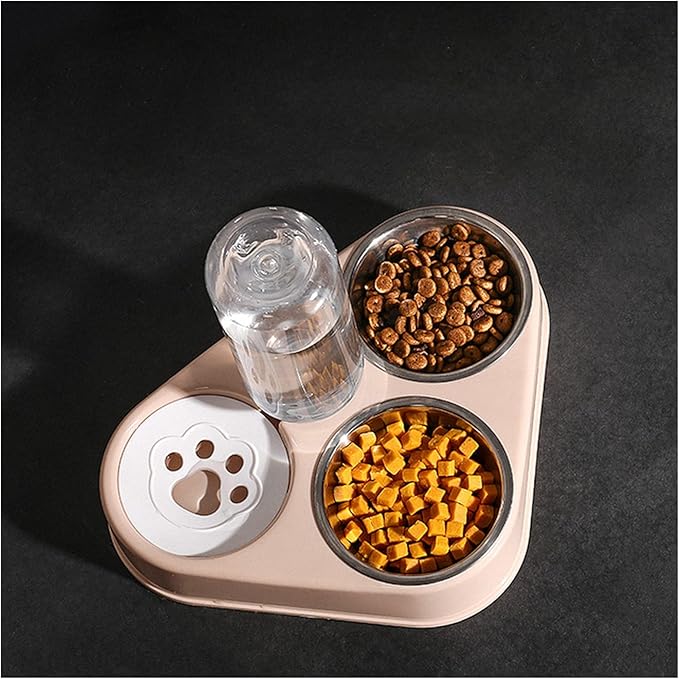 Pet Cat Bowl Automatic Dog 500ML Water Bottle Food Stainless Steel Double 3 Bowls Accessories(Pink,M-29.5x24.5x24.5cm)