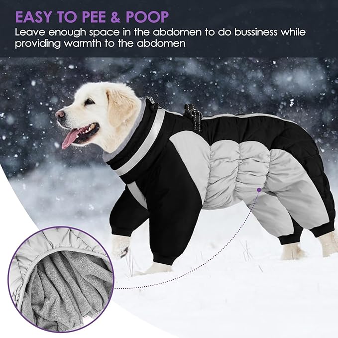 SUNFURA Full Body Dog Coat - Warm Fleece Jacket for Large Dogs, Turtleneck Winter Coats with Harness, Reflective Dog Snowsuit Windproof Puffer Jackets with Legs for French Bulldog, Black L