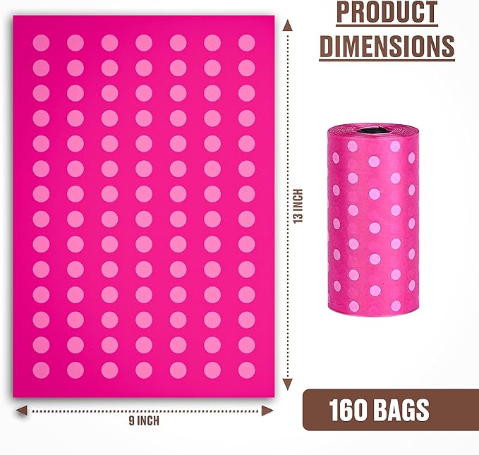 Parisian Pet Ecofriendly Dog Poop Bags Rolls - 160 Count Unscented Poop Bags For Dogs - Leakproof, Extra Thick, 8 Dog Waste Bags Refill Rolls - Polka Dot Pink Doggie Poop Bags - Fits All Dispenser