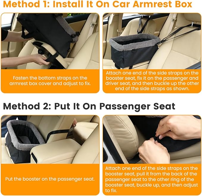 KOCASO Small Dog Car Seat, Dog Booster Car Seat Center Console Pet Booster Seat Small Under 9 lbs, Foldable and Portable w/Side Pocket & Cushion for Small Pets, Machine Washable Black