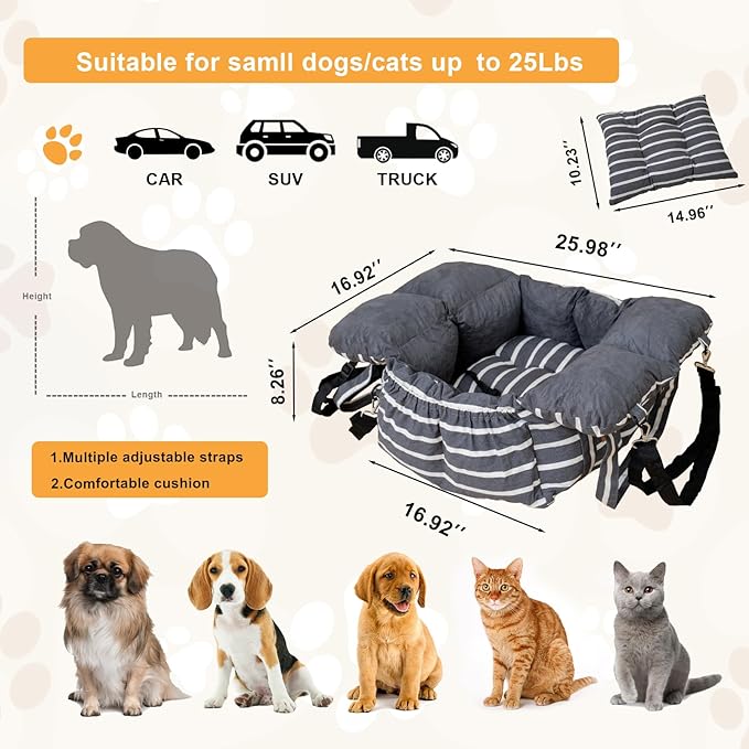 Small Dog Car Seats Washable Dog Booster Seat for Car Clip-On Leash and Cushion with Storage Pockets Under 25lbs Portable Travel Pet,Black with Handle