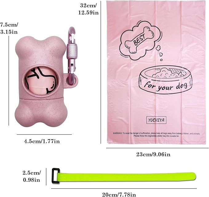 Dog Poop Pickup Bags Holder Dispenser with Standard-Sized Leak-Proof Scented Doggy Waste Bags and Carabiner with Safety Lock&Fastener Never Loose on Leash Lead Again (2 Holders 30 Bags, Pink)