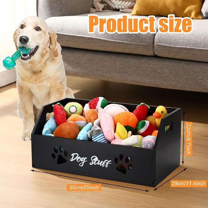 Leinuosen Large Dog Toy Bin Basket, 20 Inch Large Stuff Toy Storage Basket Bin with Bone Handle Cutout Pattern Pine Container for Organizing and Storage Dog Leash Chew Toys(Black, Undivided)