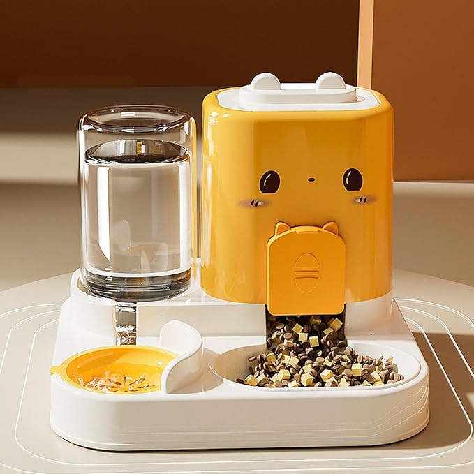 2 in 1 Automatic Pet Feeder and Water Dispenser Detachable Feeding Bowl for Cats and Small Dogs with 1800ml Food Capacity- Yellow