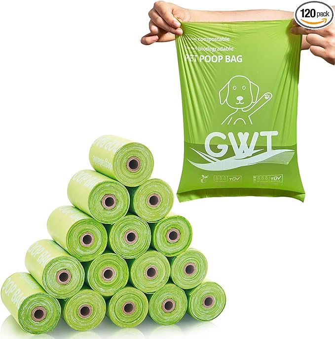 GWT Dog Poop Bags Biodegradable 100% Certified Home Compostable 120 Counts 9"x13" Pet Waste Bags- ASTM D6400 & EN 13432 Compliant -Plant Based Poop Bags for Pet Cat Dog Doggie (8 Rolls)