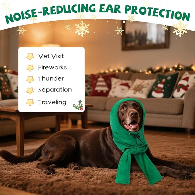 DENTRUN Dog Winter Hat - Cozy Fleece Hood & Scarf for Large Dogs, Noise-Greenucing Ear Cover, Christmas Costume, Green (L:12-18" Head Girth)