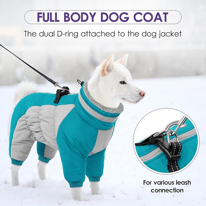 SUNFURA Full Body Dog Coat - Warm Fleece Jacket for Large Dogs, Turtleneck Winter Coats with Harness, Reflective Windproof Dog Snowsuit with Legs for Labrador,Golden Retriever, Turquoise 2XL