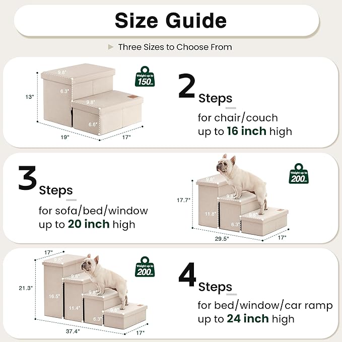 Love's cabin Dog Stairs for High Bed 18" H,Foldable Pet Stairs for Small Medium or Large Dogs Puppy with Storage for Bed or Couch, Cat Dog Steps Ramp with Zip up to 200 lbs(Beige,3 Steps no Condo)