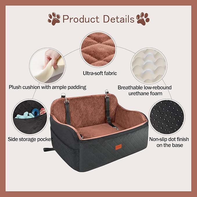 Dog Car Seat for Medium & Large Dogs Under 55 lbs, Memory Foam Dog Booster Seat for Back Seat, Detachable & Washable Pet Car Bed with 2 Safety Leashes and Storage Pockets, Large (Black/Brown)