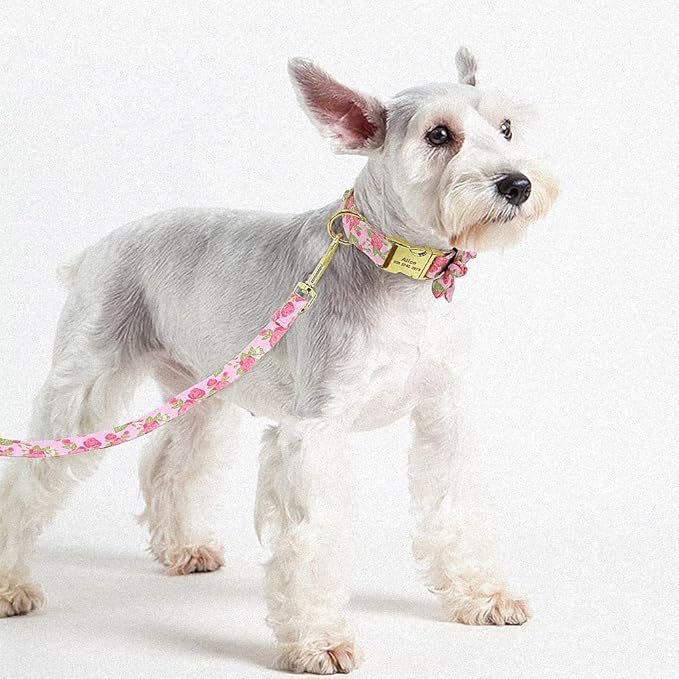 Flower Custom Dog Collar Leash Floral Printed Nylon Pet Dog Collars Lead Personalized Puppy Collars for Small Medium Large Dog 151 Pink Set M