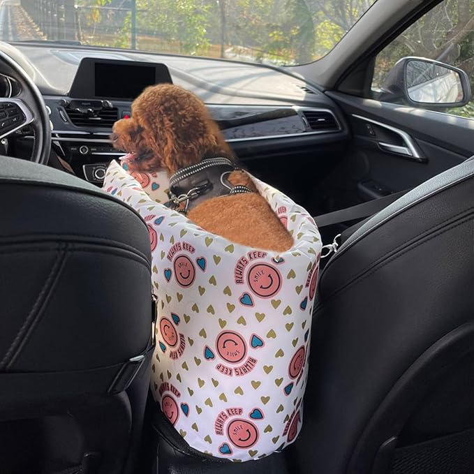 Center Console Dog Car Seat with Safety Strap Soft Cotton Cushion Detachable Armrest Pet Seat for Small Dogs Cats Under 14lbs Portable Travel Bag for Cars SUVs (Pink)