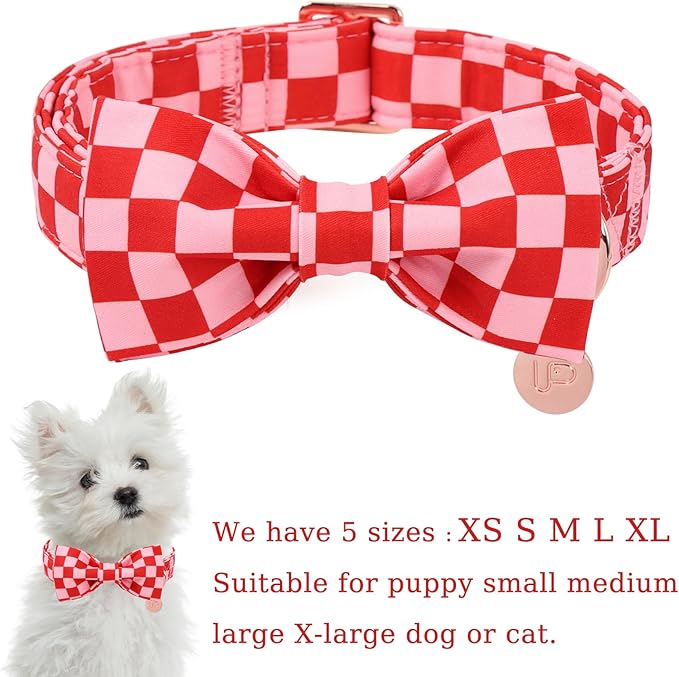 Red and Pink Plaid Dog Collarwith Bow Tie– Adjustable Red & Pink Checkered Dog Collar for Small Medium Large Dogs, Soft Xmas Plaid Puppy Collars with Quick Release Buckle L