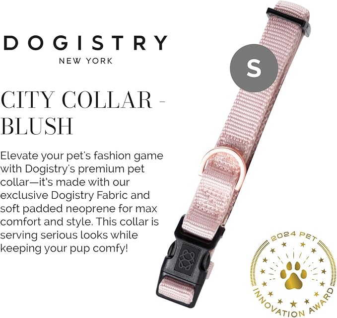 The DOGISTRY - City Collar - Blush - Premium Dog Collar with Padded Neoprene & Signature Fabric - Refined Design & Everyday Luxury - Small