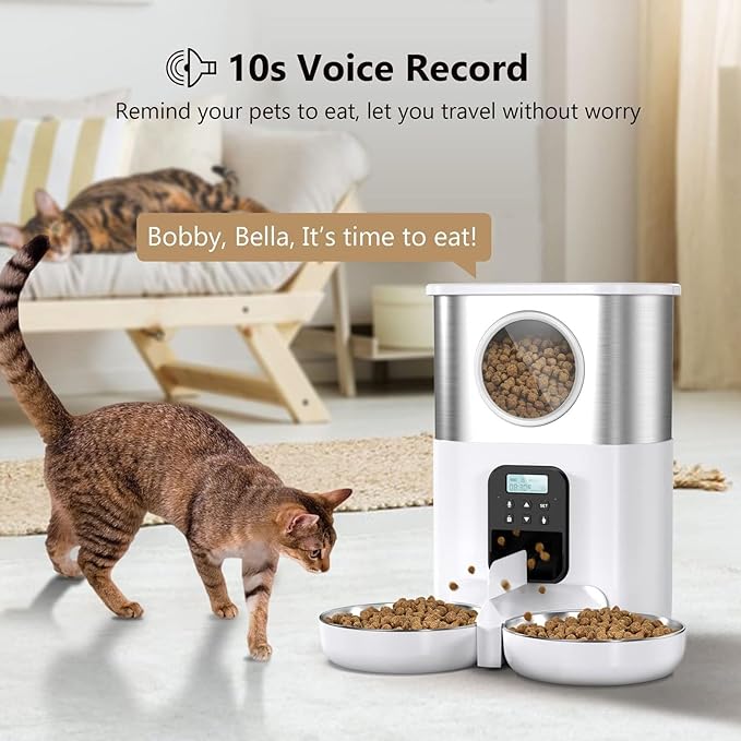 Automatic Pet Feeder, 5L Quantitative Feeding Stainless Steel 2 Bowls Dog Food Dispenser Large Capacity Automatic Timed Cat Feeders with Visable Window for Cats Dogs (White)
