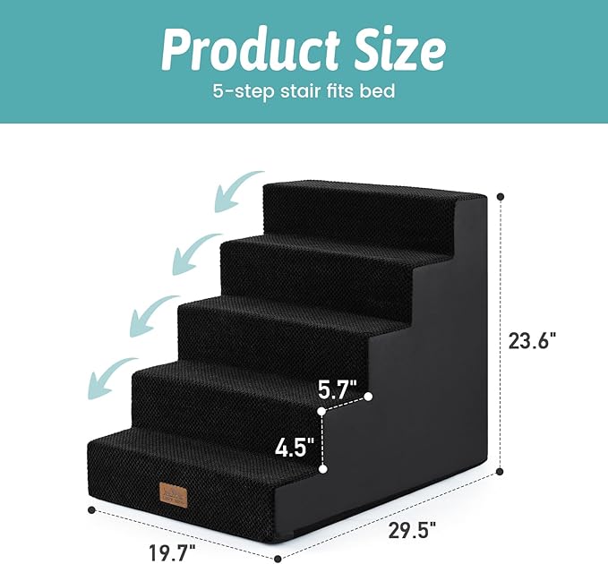 Dog Stairs for Small Dogs 5-Step, 19.7" Extra Wide Right-Angle Pet Stairs for Couch and Beds, Anti-Slip Dog Steps for Old Cats and Lowrider, 19.7x29.5x23.6 inch, Black