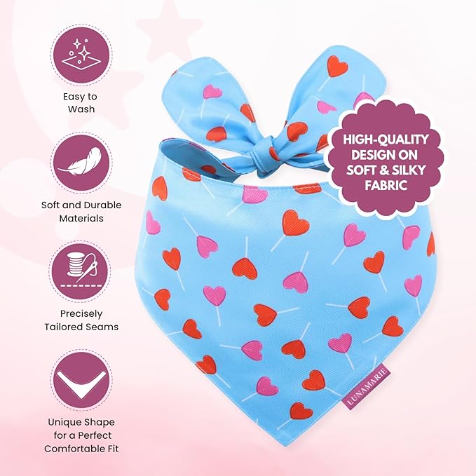 LunaMarie - Luxury Pet Birthday Bandanas -Premium & Silky Poly Fabric | 100% Handmade | Custom Shape Dual Layered (LoviePop, Large)