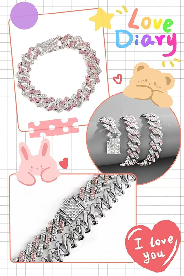 Pink Dog Chain Collar Diamond Cuban Link,Dog Necklaces Collar Rhinestone Bling Glitter Metal, Pet Jewelry for Puppy Small Medium Large Dogs (Pink 20inch)