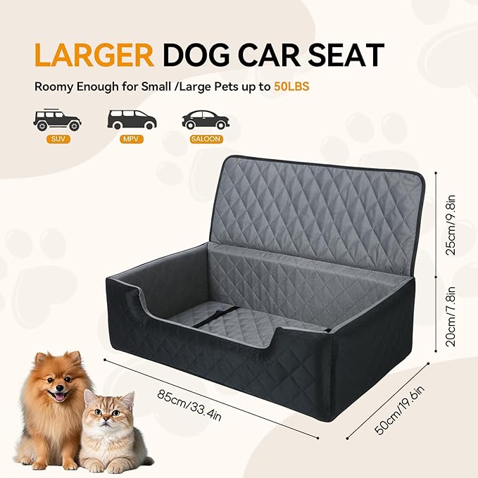 Dog Car Seat for Large Medium Dogs, Dog Booster Seat for 2 Small Dogs Memory Foam, Travel Safe Bed with Safety Belts Detachable Washable, Anti-Slip Base