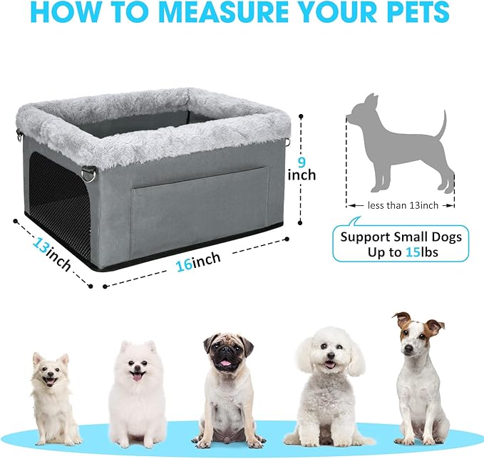 Small Dog Booster Car Seat, Portable Puppy Dog Car Seat, Up to 20lbs, Gray