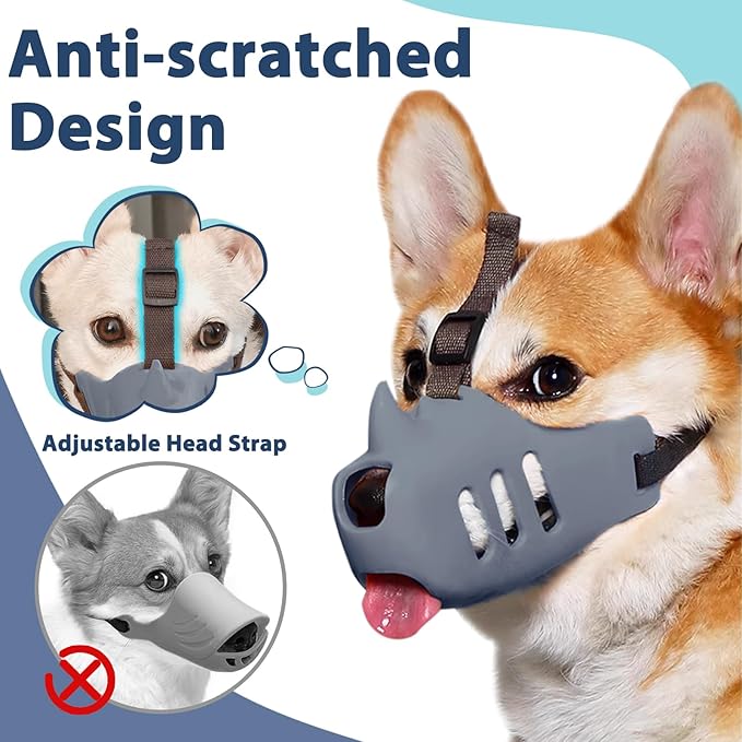 LUCKYPAW Dog Muzzle Soft Muzzle for Small Medium Dog Poodle Dachshund Silicone Cage Mouth Cover for Biting Chewing Funny Rhino Mouth Guard with Adjustable Strap