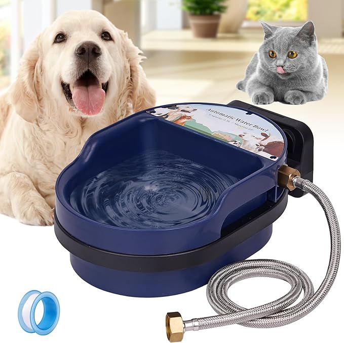 Automatic Dog Water Bowl Dispenser Auto Pet Water Bowl Dispenser for Self Filling Trough Drinking Water Feeder for Poultry Outdoor Large Dog and Livestock (Blue Bowl)