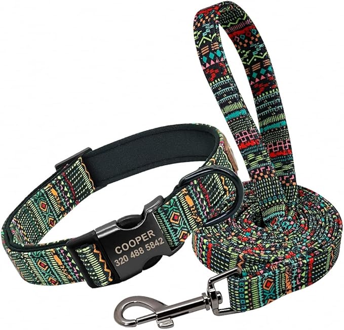Personalized Dog Collar Leash Custom Puppy Pet Collar Pitbull Collars Pet Product Small Dog Collar for Small Medium Large Dog Green Set M