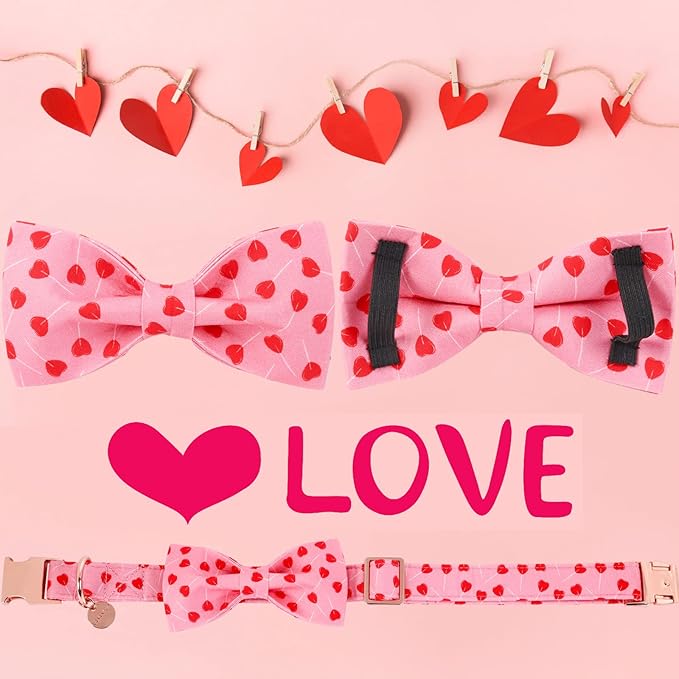 Valentine's Dog Collar With Bow Tie, Small Girl Dog Bowtie, Wedding Gift Pet Cotton Pink Collar With Metal Buckle, S