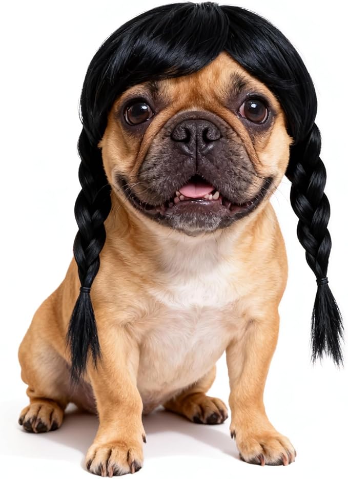 Funny Black Double Ponytail Dog Wig with Adjustable Strap - Pet Cosplay Accessory for Dog & Cat, Halloween, Christmas, Parties, Festivals & Gag Dress Up - Fits Small Medium Large Dogs