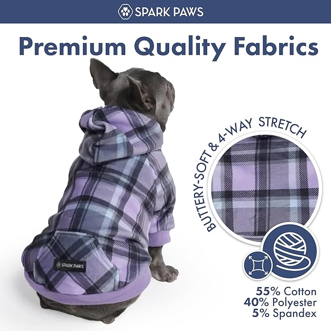 Spark Paws Dog Hoodie – Premium Dog Sweater for Small, Medium, and Large Dogs | Warm Outfits for French Bulldogs, Pitbull, Puppy, Winter Jacket Alternative - Purple Plaid - 5XL