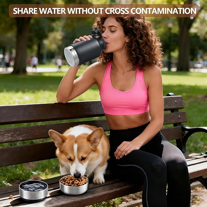 Insulated Dog Water Bottle with 2 Bowls, 32oz Travel Stainless Steel Double Wall Thermos, Portable Pet Dispenser, Gifts for Puppy Small Dogs Walking Hiking and Camping