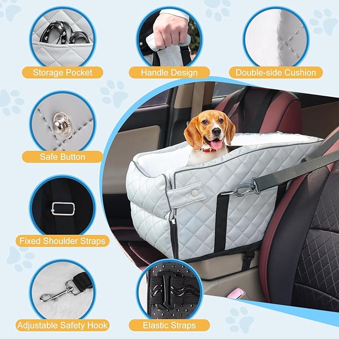 PU Center Console Dog Car Seat for Small Dogs Up to 12lbs, Portable Dogs Armrest Booster Seat with Adjustable Straps & Storage Pocket (Grey PU)